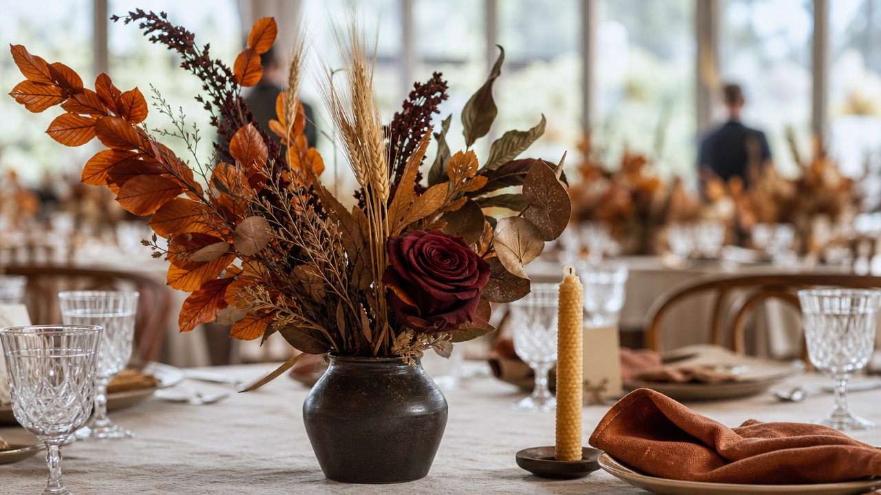 Casamentos de outono: como a decoração com folhagem seca virou tendência sem parecer festa temática